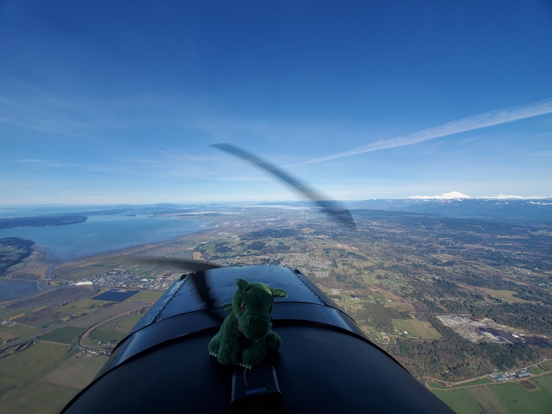 Photo showing Norbert the
little stuffed dragon in the foreground, and the Skagit valley under a
blue sky