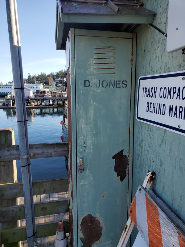 Photo of a rusty locker, which
has the name D JONES stenciled on it.  Ha ha.