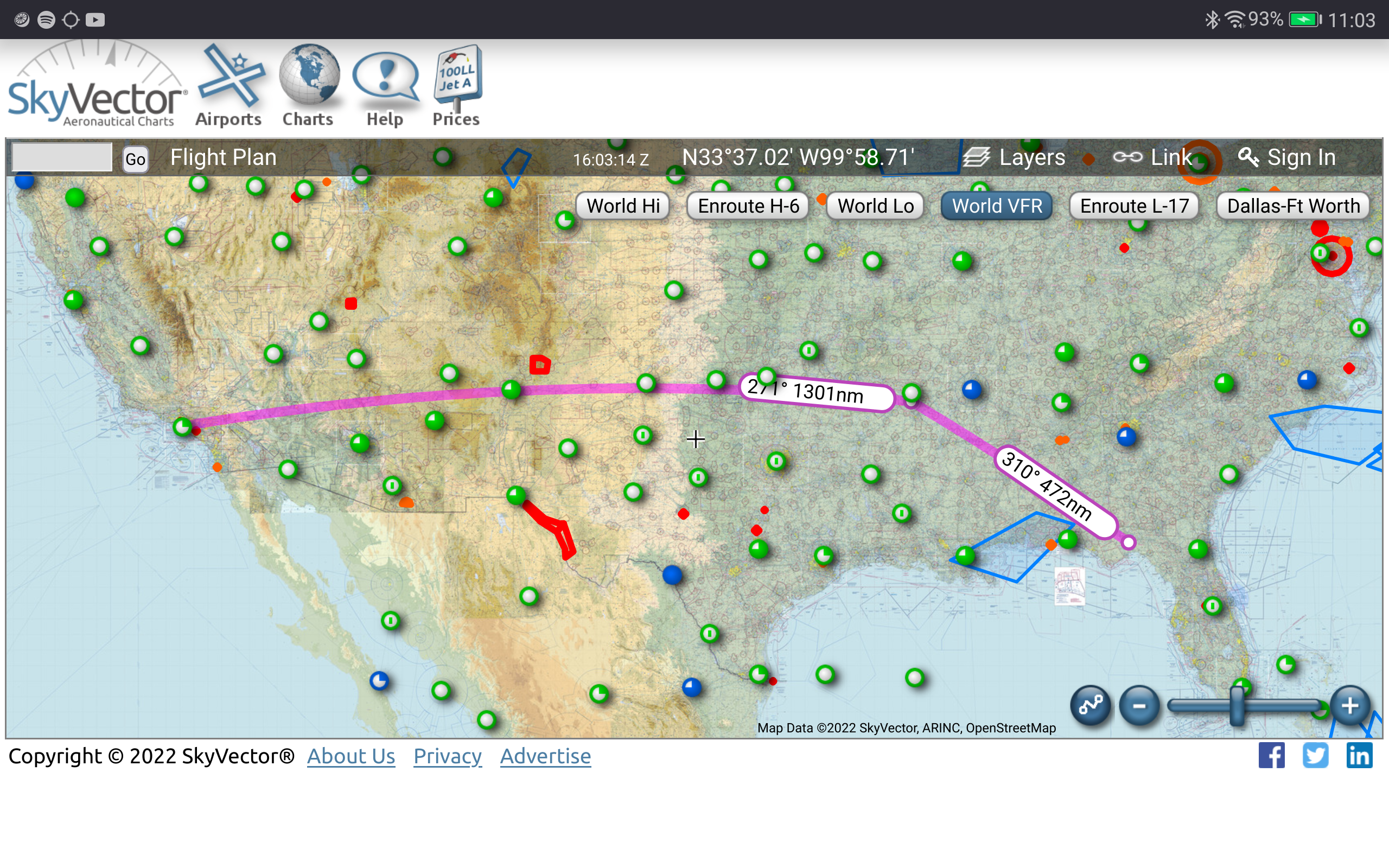 Screenshot showing a zoomed-out map of the southern United State, with
lines drawn between Tallahassee, FL and Los Angeles, CA.  The midpoint rests
at Little Rock, AR.  The line is not substantially different than if it had
been drawn straight from Tallahassee to LA.